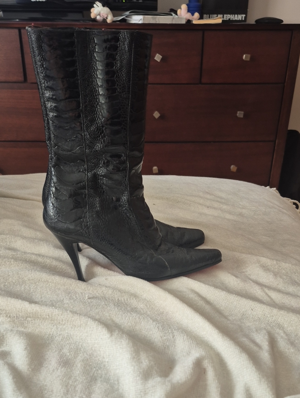 Christian Louboutin Black Croc-Embossed Pointed Mid-Calf Stiletto Boots